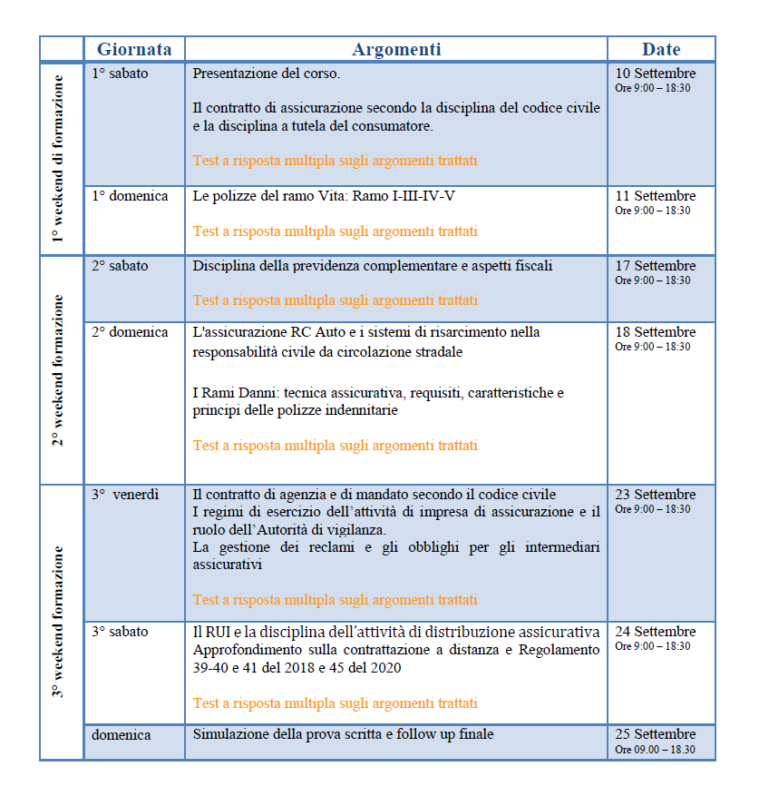 Calendario Corso Settembre 2022