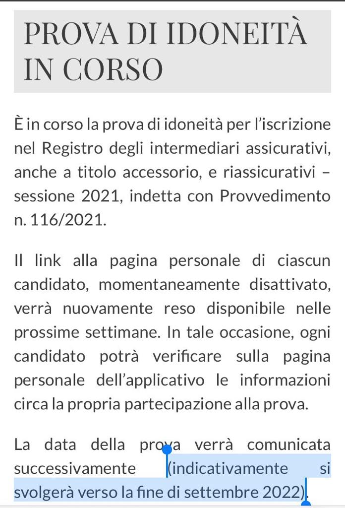 Data Esame IVASS Settembre 2022